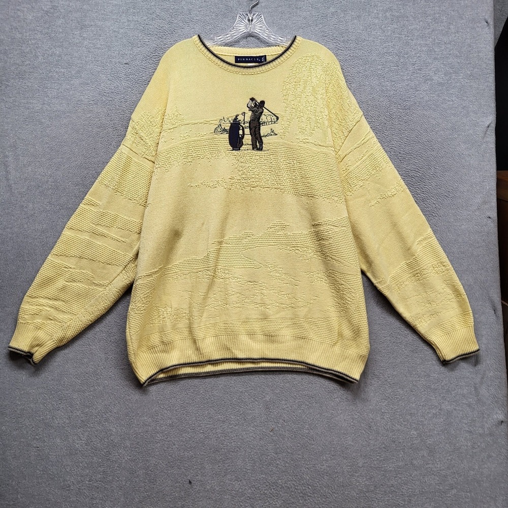 Pinnacle Men Sweater Xxl Yellow Textured Cotton Crew Neck Embroidery Golf READ